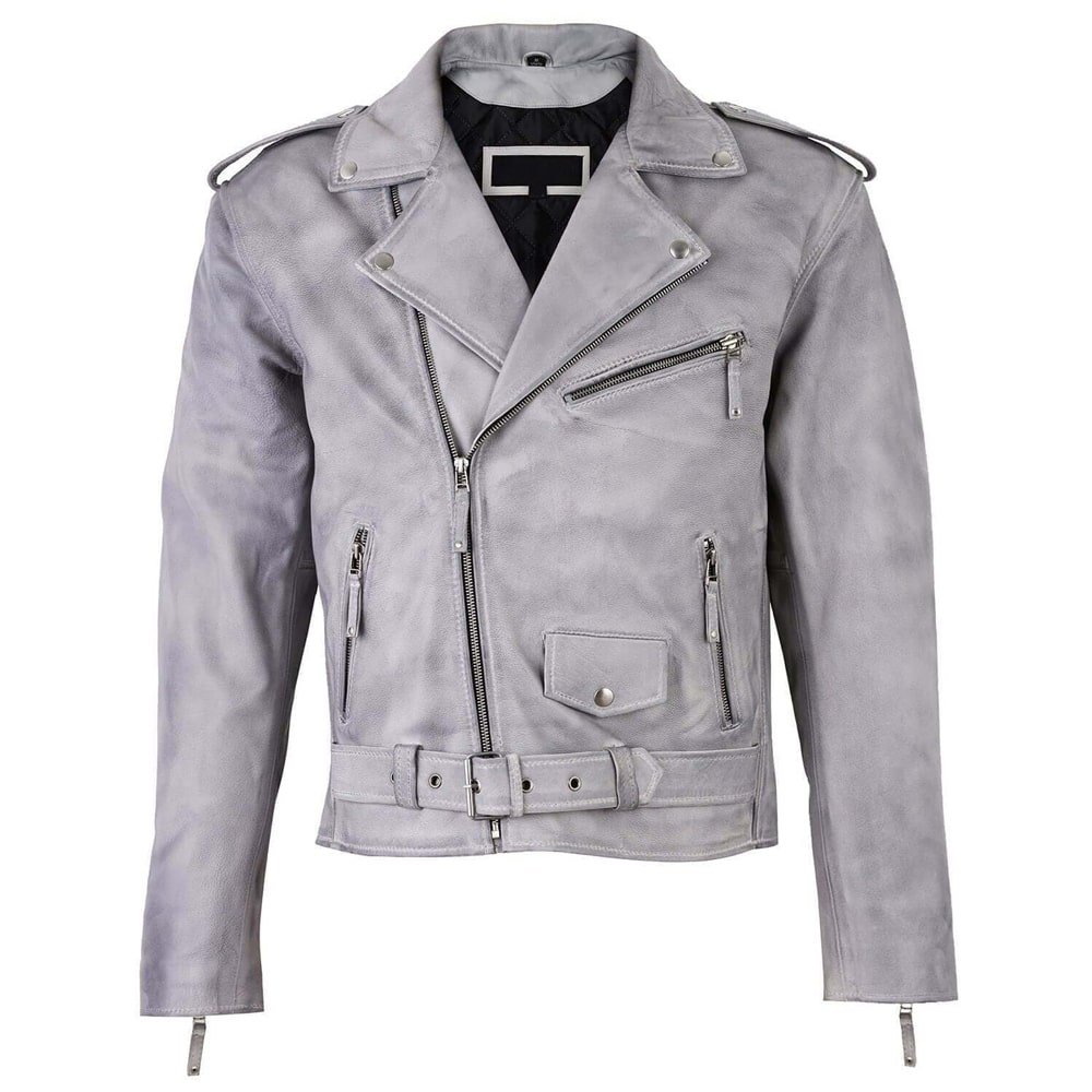 Mens grey Leather Biker Jacket
