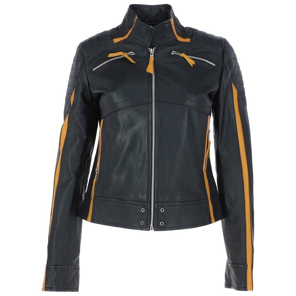 Orange And Black Biker Leather Jacket Women