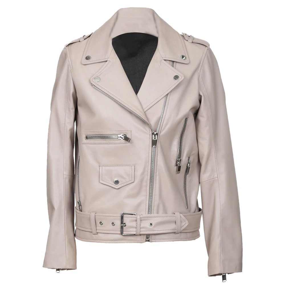 Women Cream Biker Leather Jacket