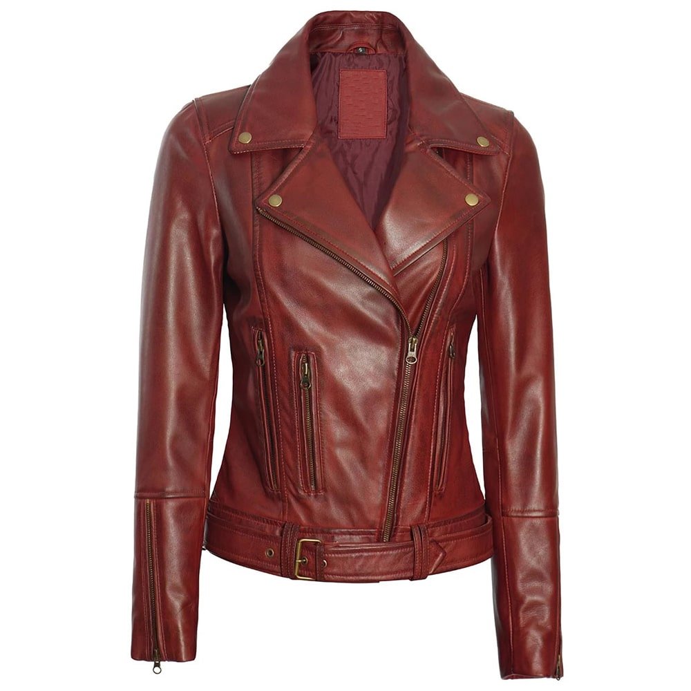 Women Maroon Biker Leather Jacket